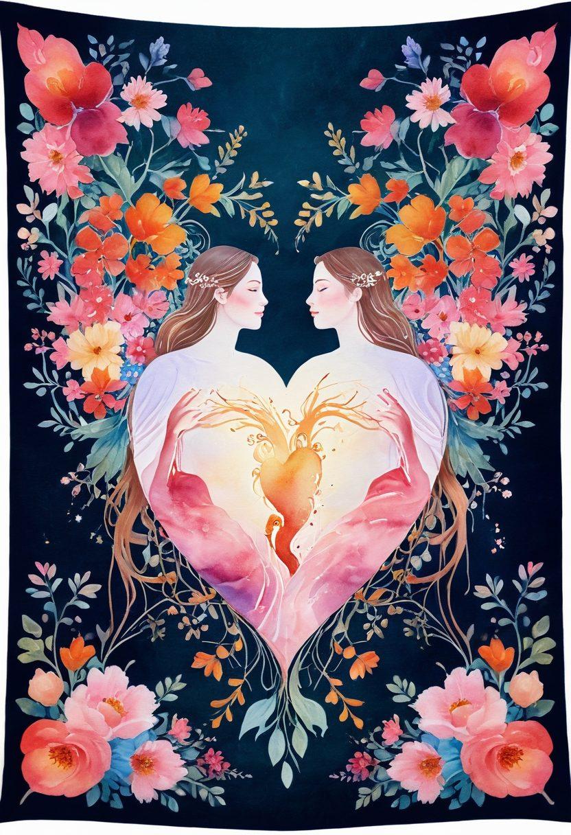 A heart-shaped tapestry woven with vibrant threads, symbolizing love and passion, surrounded by two intertwined figures representing connection. Soft, glowing light emanates from the tapestry, casting warm shadows in an intimate setting filled with soft cushions and blooming flowers. The background features abstract shapes evoking feelings of joy and unity. watercolor style. soft hues. ethereal glow.