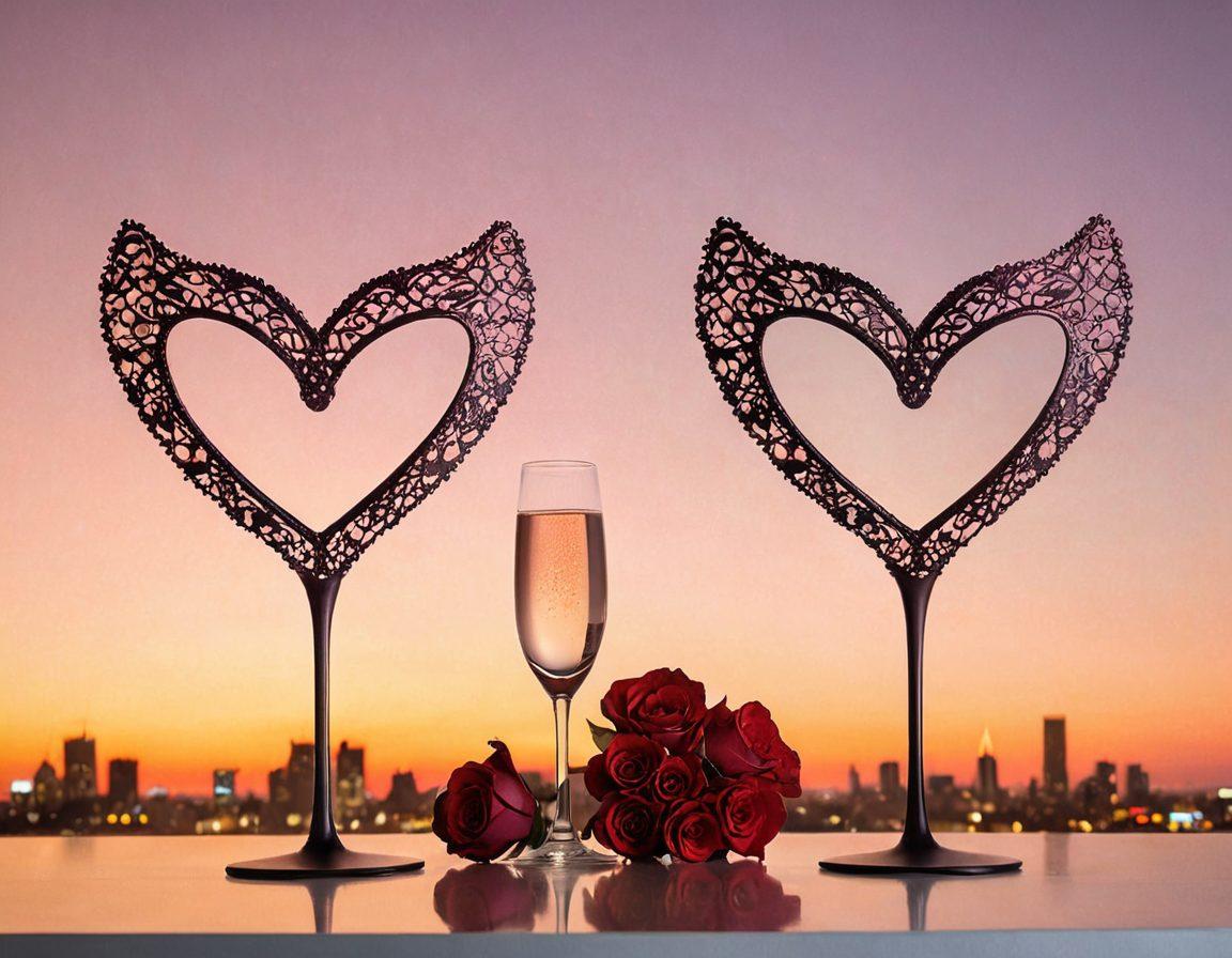 A striking visual of a heart divided into two halves: one side featuring playful and flirty elements like glimmering hearts, blushes, and champagne glasses, and the other side more daring and kinky with leather, whips, and masks. Soft lighting enhances the contrasting moods, with subtle gradients blending between the two sections. A backdrop of a romantic city skyline during sunset adds depth. The overall image should evoke a sense of adventure and exploration in love. vibrant colors. modern graphic style.