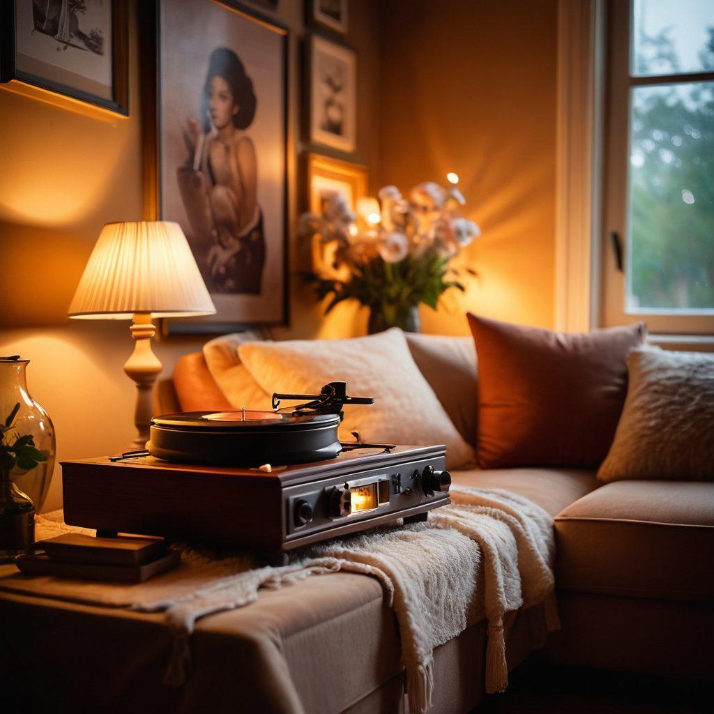 A dimly lit, elegantly arranged room with soft, warm lighting that creates intimate shadows. In the center, a couple is engaged in a tender moment, gazing into each other's eyes, surrounded by artful decor like candles and flowers. Subtle hints of modern romance, such as plush cushions and a vintage record player, enhance the vibe. Expressions of love and connection radiate from their faces, inviting viewers to explore the depth of intimacy. soft focus. warm colors. vintage aesthetic.